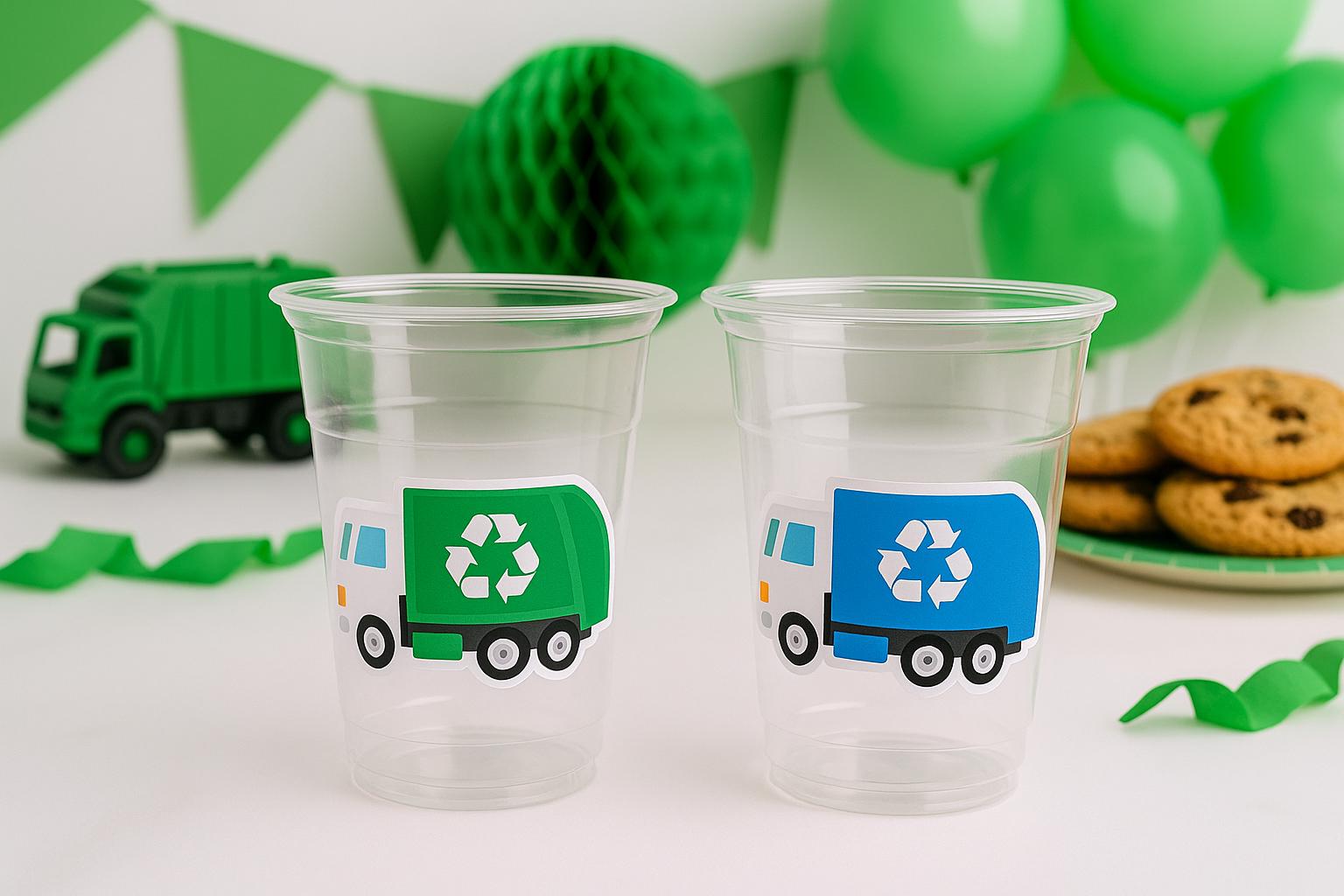 May include: Two clear plastic cups with recycling truck stickers, one green and one blue. A green toy garbage truck and green decorations are in the background. Chocolate chip cookies are on a plate. Party supplies.