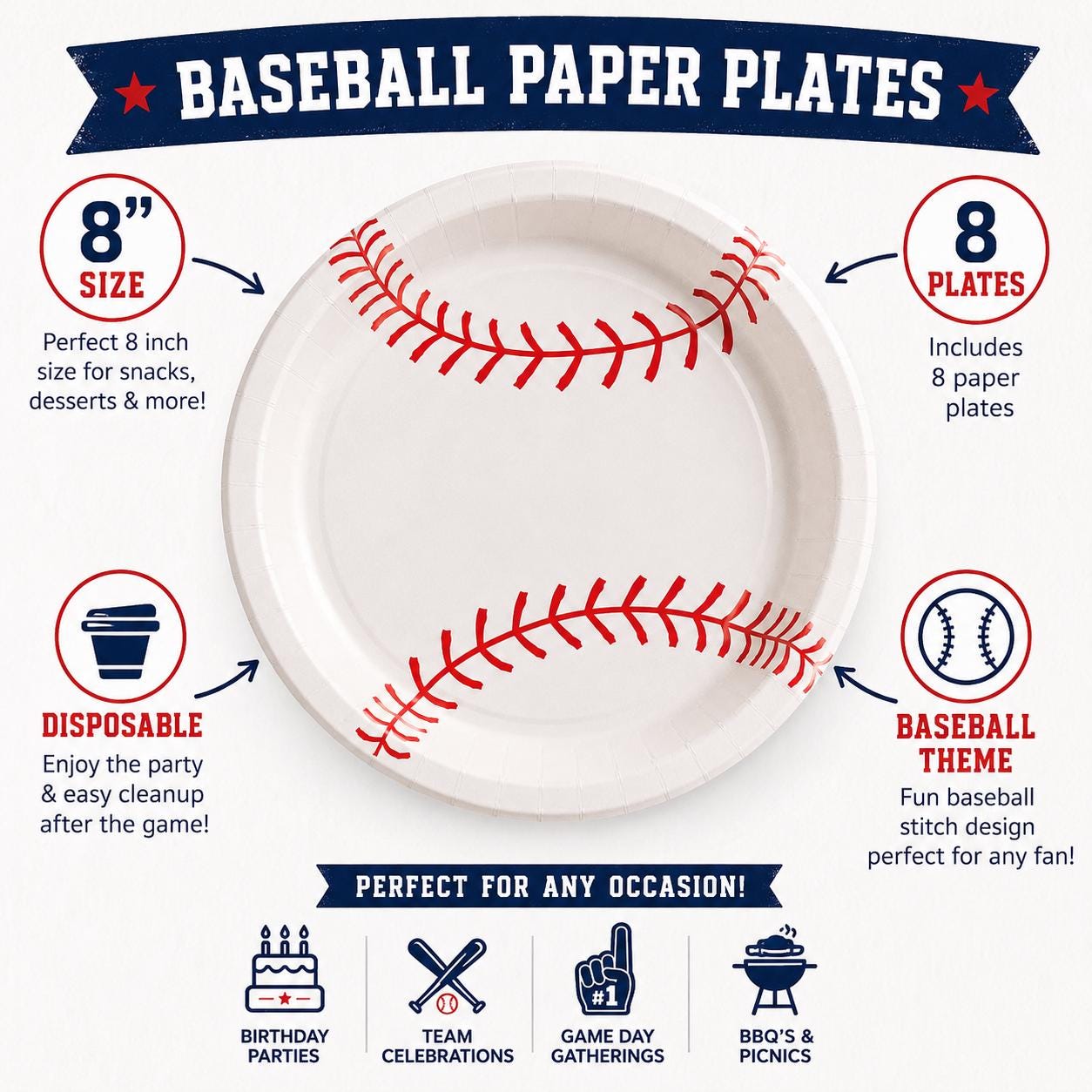 Baseball Paper Plates | Sports Party Plates | Baseball Birthday Decorations | Disposable Party Supplies | Baseball Party Supplies | 8 Count