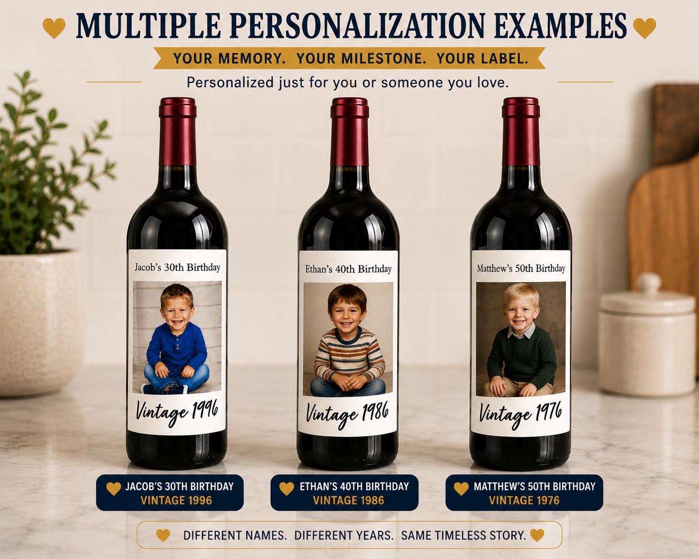 Personalized Wine Bottle Label with Photo | Vintage Year Wine Label | Custom Birthday Gift | Anniversary, Retirement Decor
