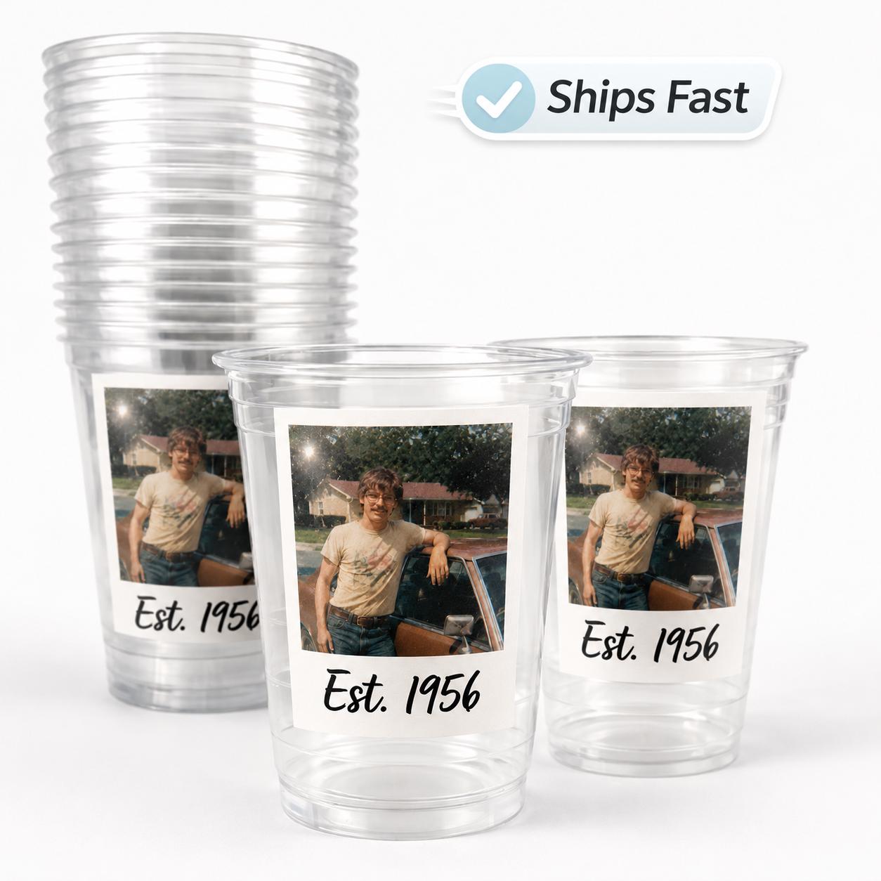 Custom Picture Cups 16oz Plastic Disposable Cups | Personalized Photo Cups with Est Year | Birthday Graduation Wedding Anniversary Funeral