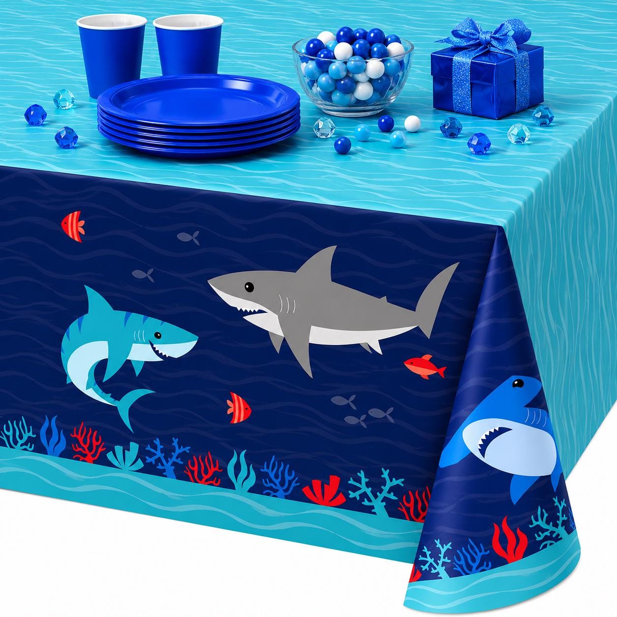 Shark Party Tablecloth, Shark Birthday Decorations, Ocean Party Table Cover, Under The Sea Party Supplies, Shark Theme Birthday Decor Supply