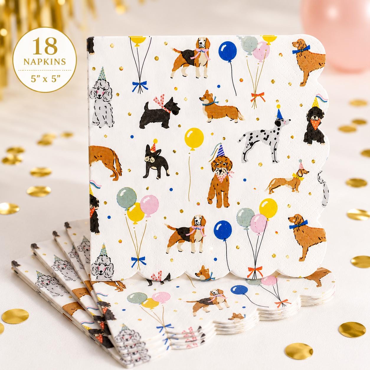 May include: A stack of square paper napkins with scalloped edges, featuring a repeating pattern of various dog breeds wearing party hats and colorful balloons. The napkins are white with gold confetti dots and measure 5 inches by 5 inches.