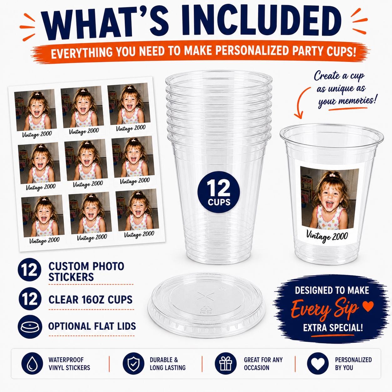 DIY Custom Photo Cup Kit | Personalized Photo Cups with Picture & Year | 12 Stickers + 12 Clear 16oz Cups | Birthday Favors | Graduation Cup