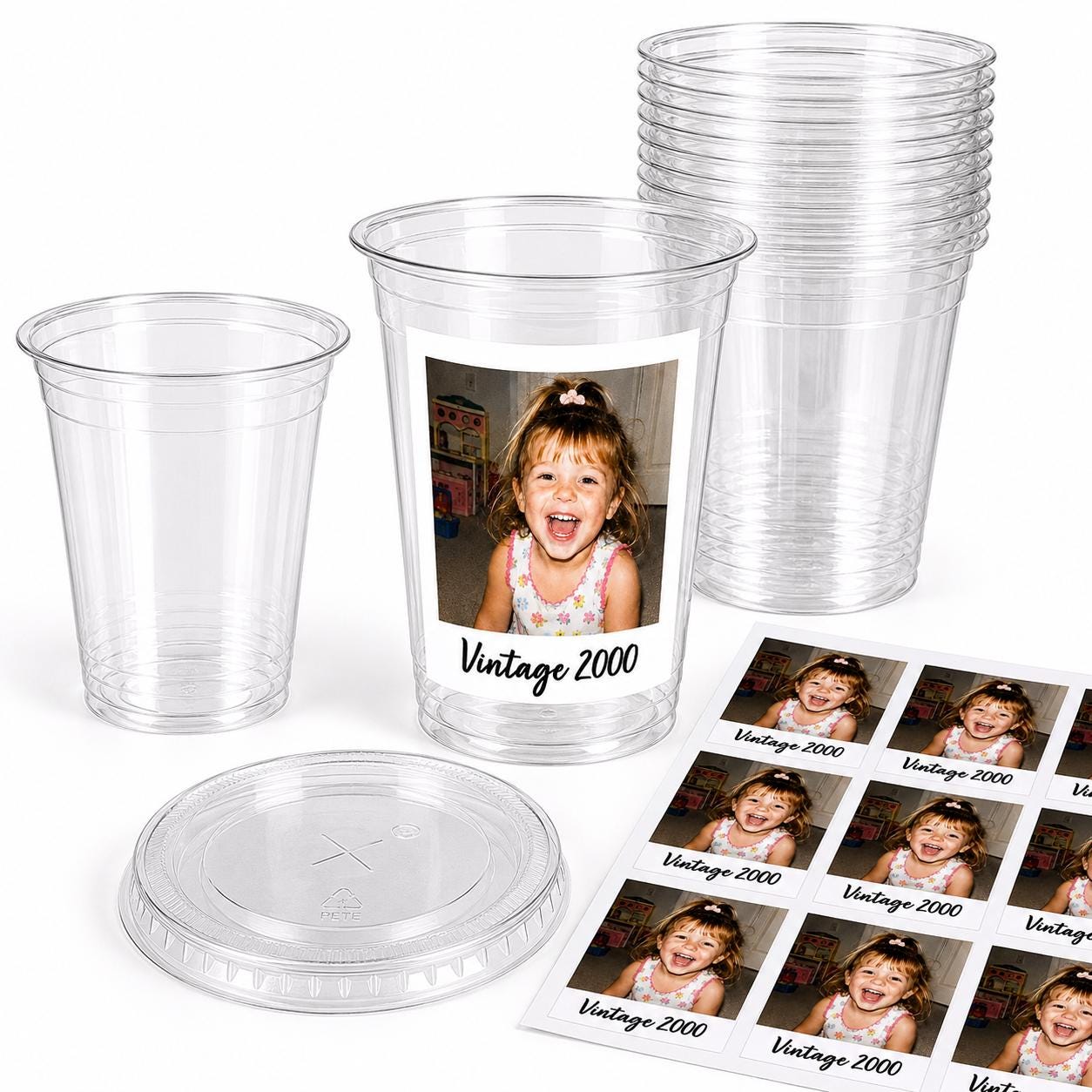 DIY Custom Photo Cup Kit | Personalized Photo Cups with Picture & Year | 12 Stickers + 12 Clear 16oz Cups | Birthday Favors | Graduation Cup
