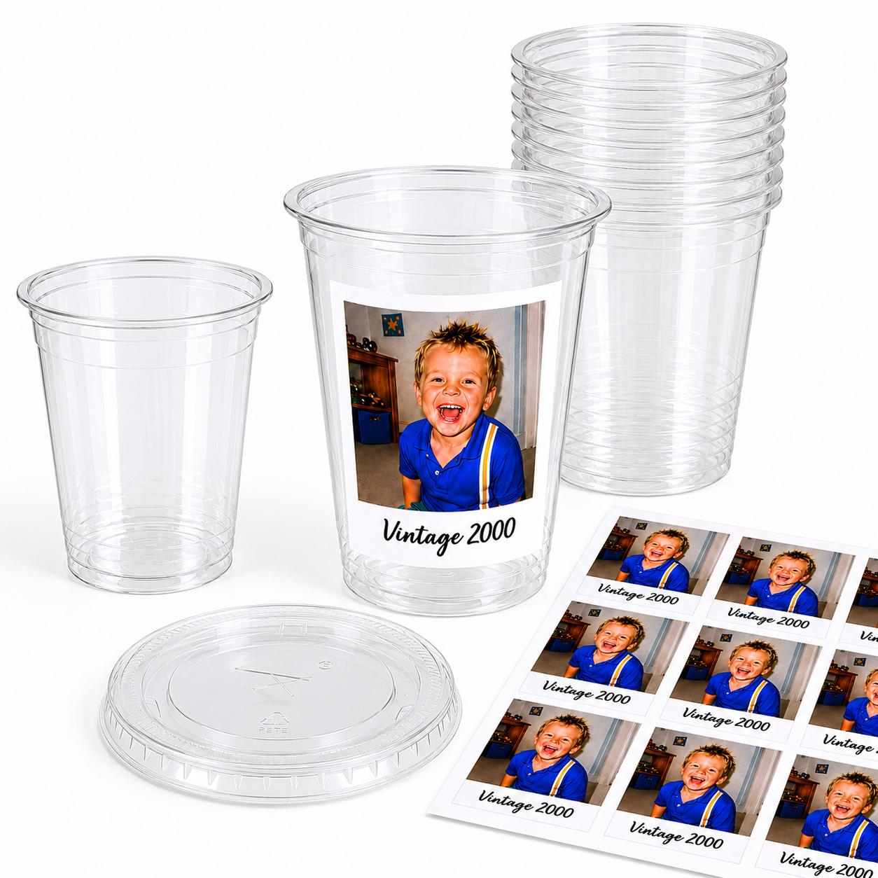 DIY Custom Photo Cup Kit | Personalized Photo Cups with Picture & Year | 12 Stickers + 12 Clear 16oz Cups | Birthday Favors | Graduation Cup