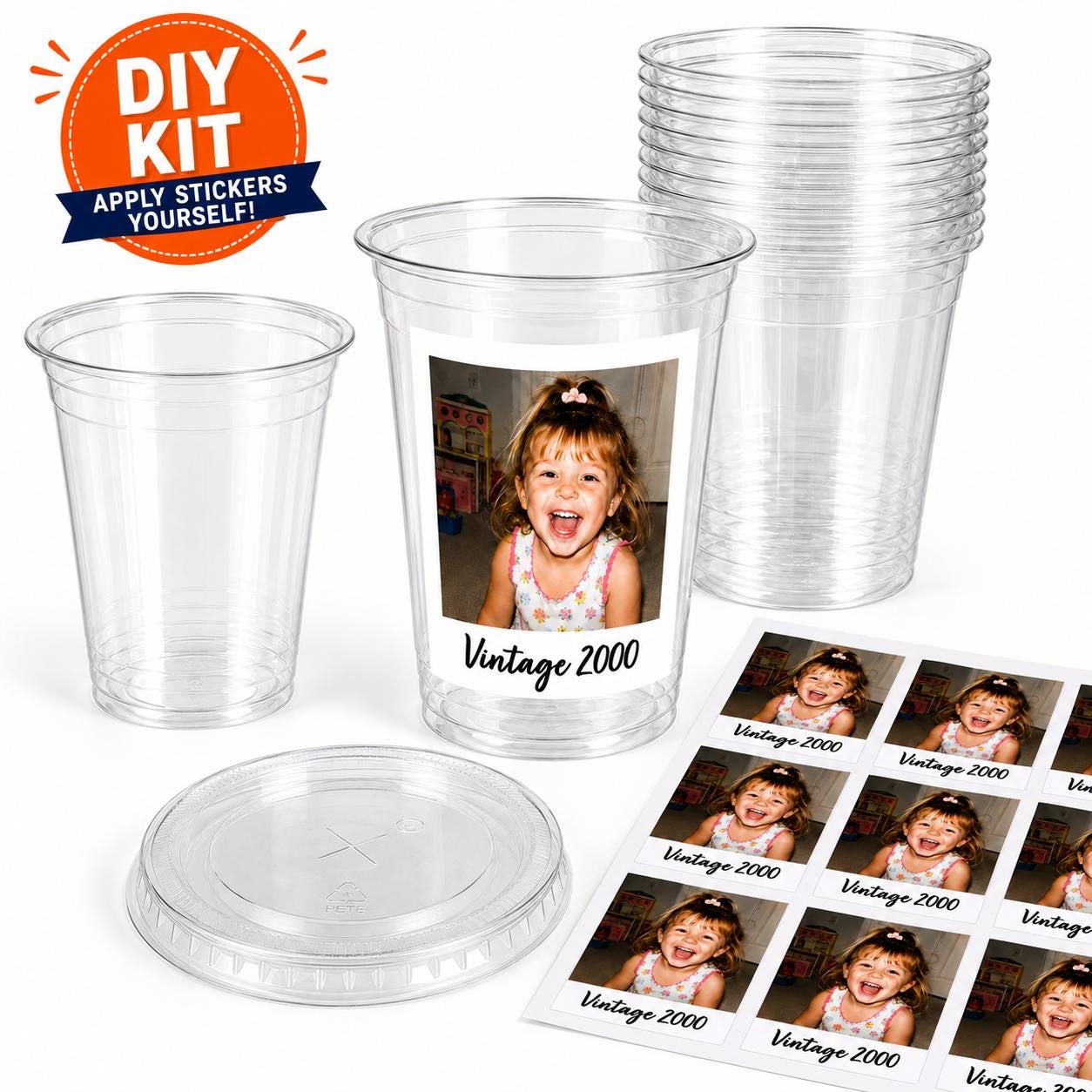 DIY Custom Photo Cup Kit | Personalized Photo Cups with Picture & Year | 12 Stickers + 12 Clear 16oz Cups | Birthday Favors | Graduation Cup