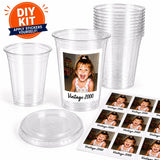 DIY Custom Photo Cup Kit | Personalized Photo Cups with Picture & Year | 12 Stickers + 12 Clear 16oz Cups | Birthday Favors | Graduation Cup