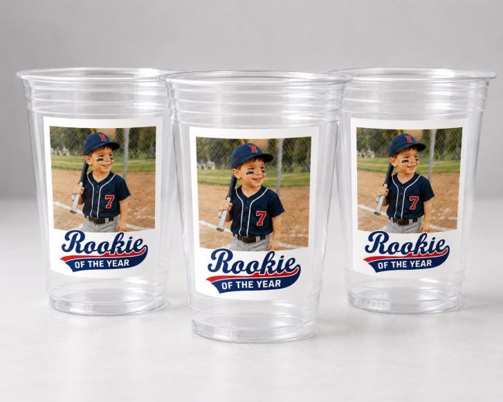 Rookie of the Year Photo Cups, Personalized Baseball Birthday Cups with Picture, Custom Little League Party Favors, Baseball Team Party Cups