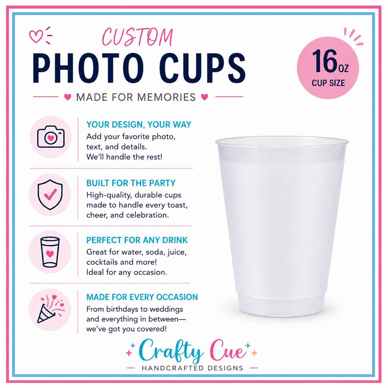 Personalized Frosted Party Cups with Photo, Custom Reusable Party Favors, Picture Keepsake Cups for Birthdays, Graduations, Weddings, Events