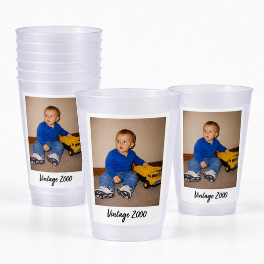 Personalized Frosted Party Cups with Photo, Custom Reusable Party Favors, Picture Keepsake Cups for Birthdays, Graduations, Weddings, Events