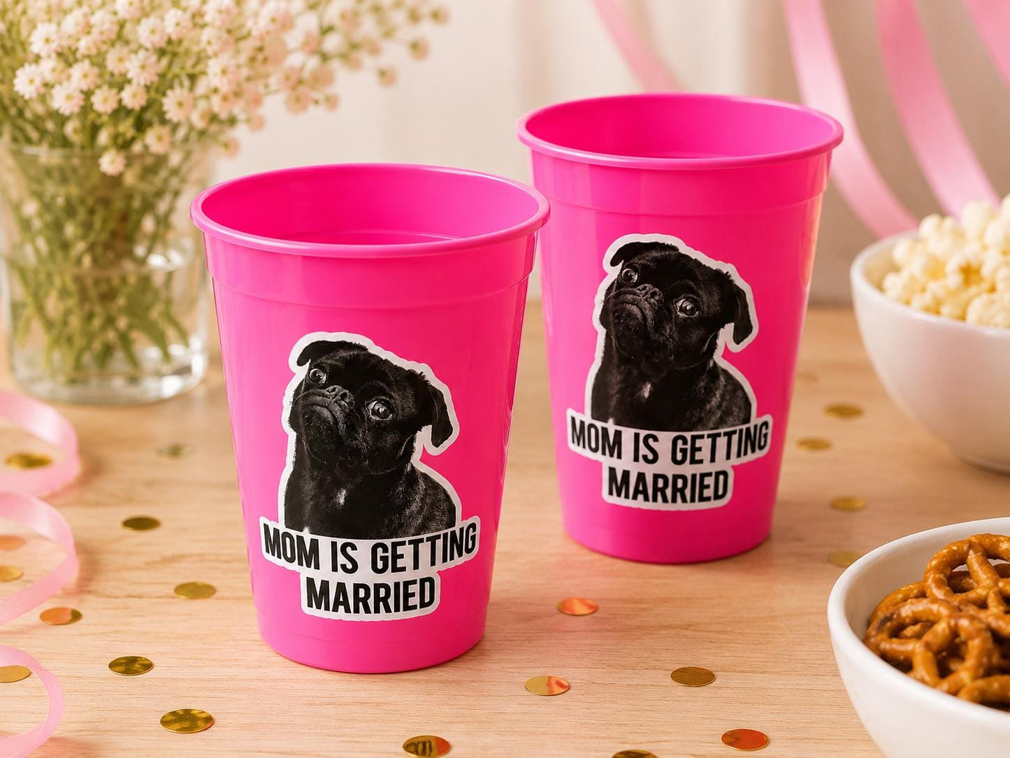 Personalized Dog Face Cups, Mom is Getting Married Cups, Bachelorette Party Favors, Bachelorette Party Games, Dog Face Bachelorette Cups