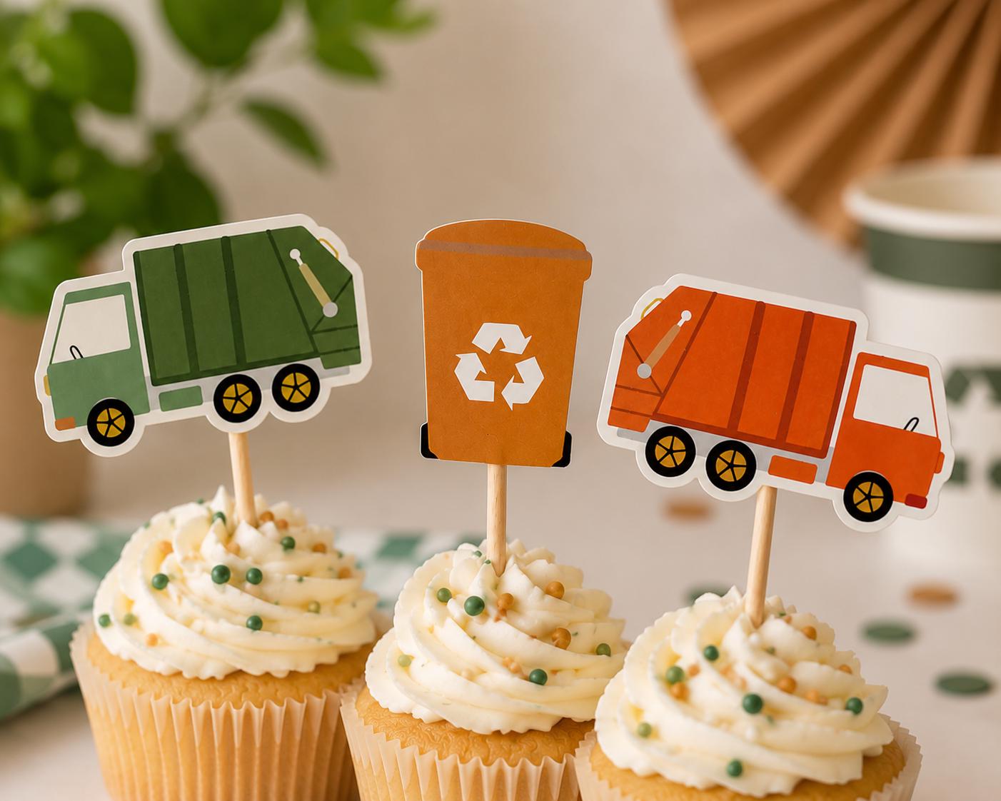 Garbage Truck Cupcake Toppers – Garbage Truck Birthday Decorations – Trash Truck Cupcake Picks – Waste Management Party Decor – Truck Theme