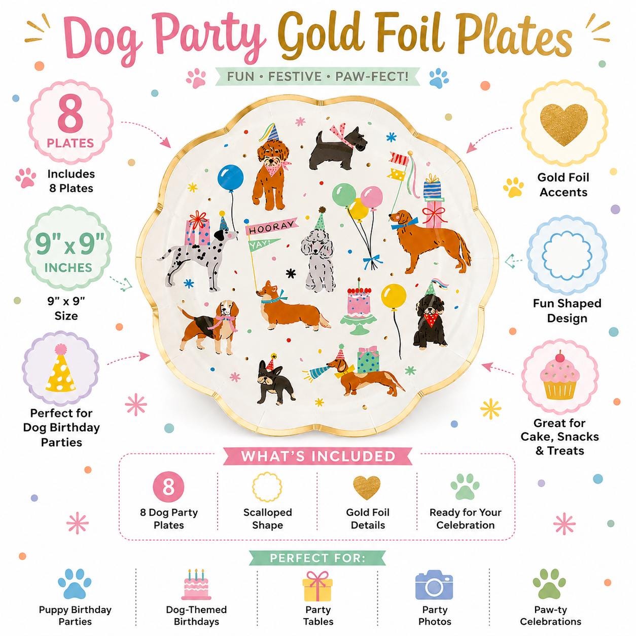 Dog Party Plates, Puppy Birthday Party Plates, Dog Birthday Decorations, Pawty Tableware, Gold Foil Paper Plates, Dog Party Supplies, 8 Ct