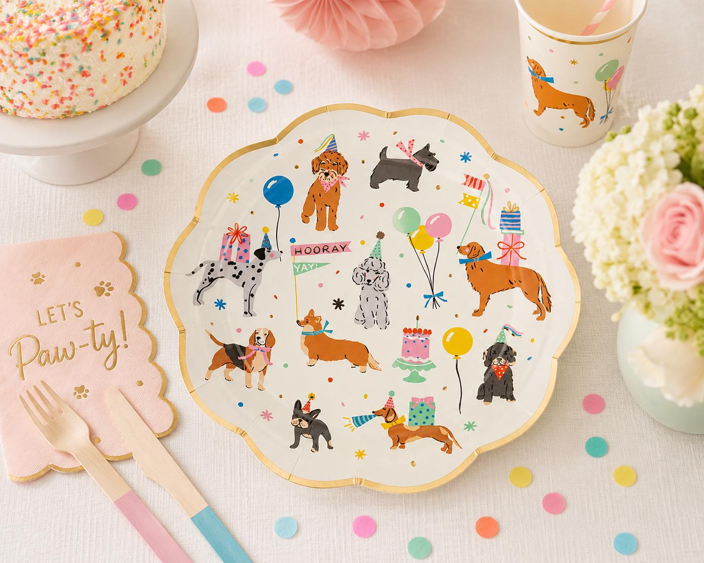 Dog Party Plates, Puppy Birthday Party Plates, Dog Birthday Decorations, Pawty Tableware, Gold Foil Paper Plates, Dog Party Supplies, 8 Ct