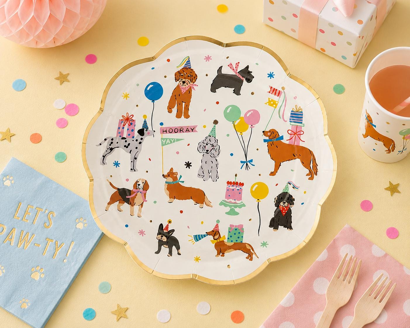 Dog Party Plates, Puppy Birthday Party Plates, Dog Birthday Decorations, Pawty Tableware, Gold Foil Paper Plates, Dog Party Supplies, 8 Ct