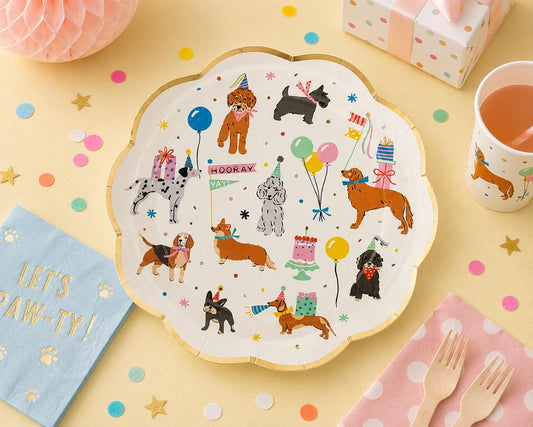 Dog Party Plates, Puppy Birthday Party Plates, Dog Birthday Decorations, Pawty Tableware, Gold Foil Paper Plates, Dog Party Supplies, 8 Ct