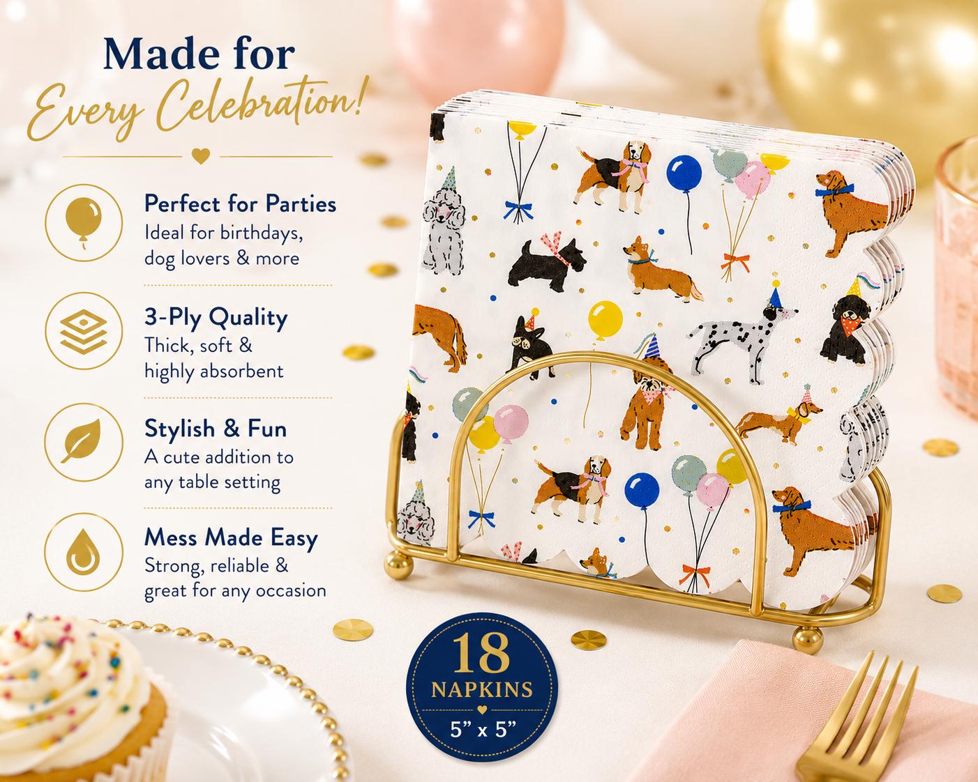 Dog Birthday Party Cocktail Napkins, Dog Party Napkins, Puppy Birthday Decorations, Dog Lover Party Supplies, Dog Beverage Napkins, 18 Count