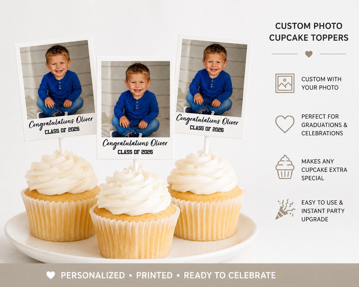 Personalized Photo Cupcake Toppers | Custom Graduation Cupcake Decorations | Picture Toppers for Birthday & Graduation Parties, School Grad