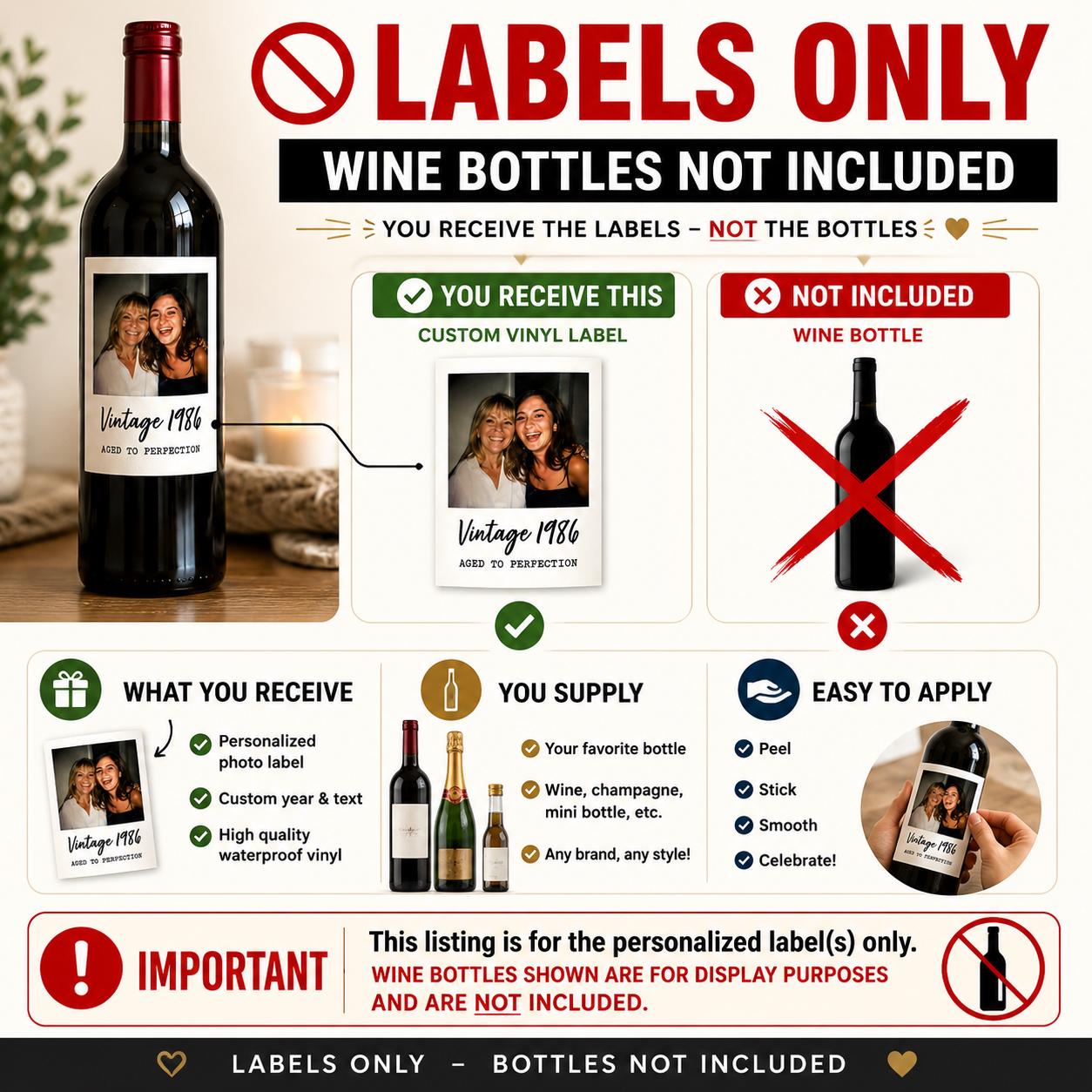 Personalized Wine Bottle Label with Photo | Vintage Year Wine Label | Custom Birthday Gift | Anniversary, Retirement Decor