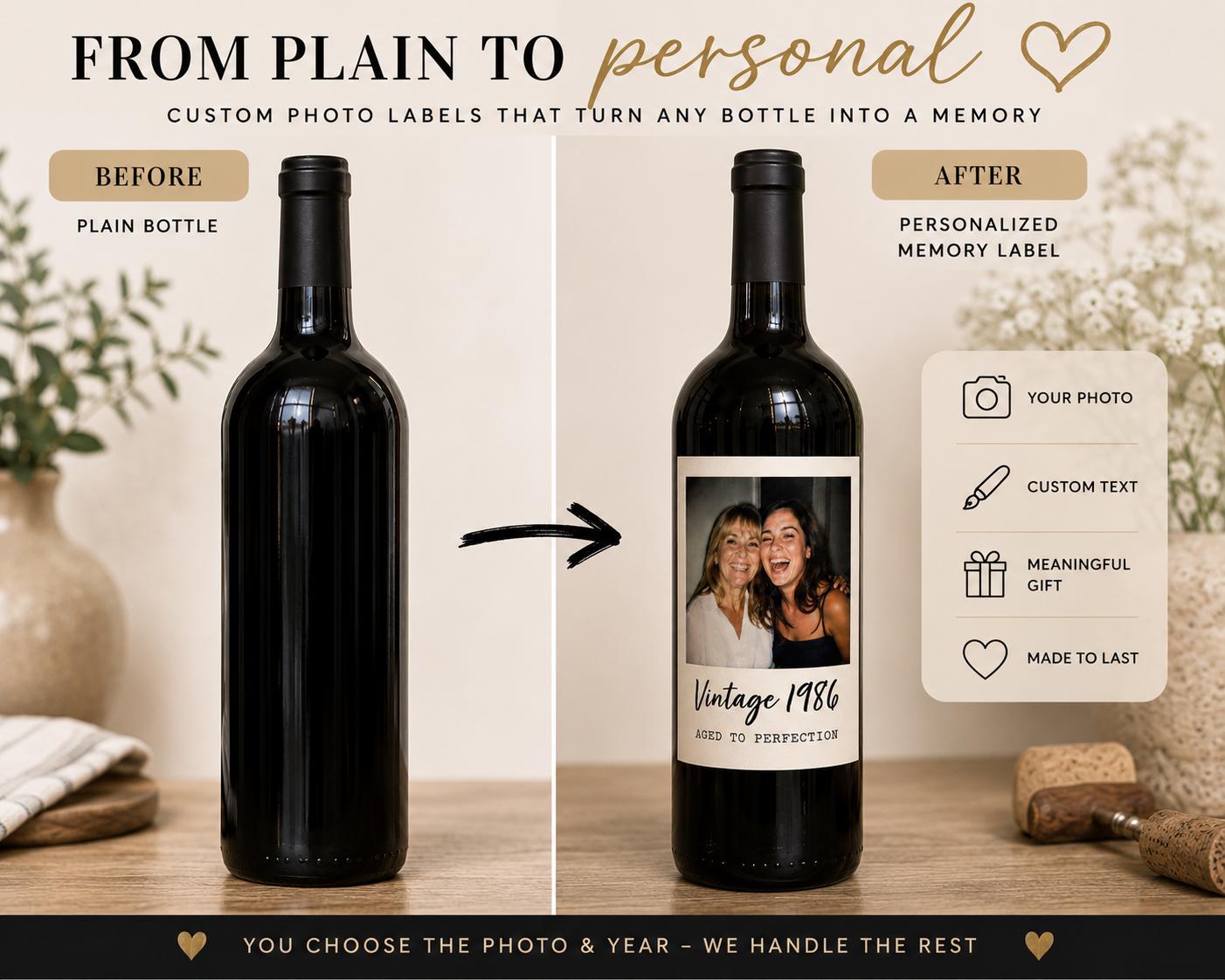 Personalized Wine Bottle Label with Photo | Vintage Year Wine Label | Custom Birthday Gift | Anniversary, Retirement Decor