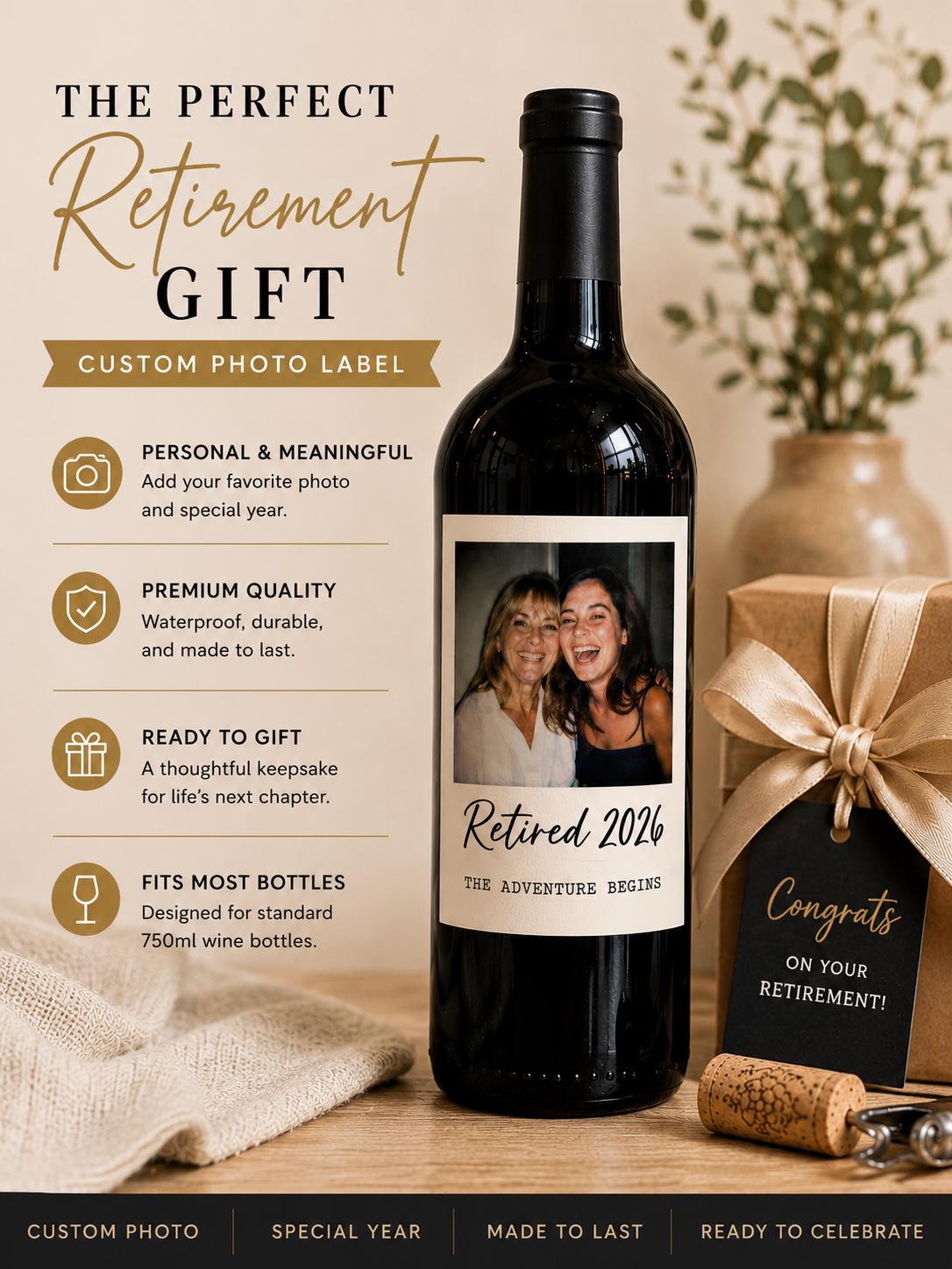 Personalized Wine Bottle Label with Photo | Vintage Year Wine Label | Custom Birthday Gift | Anniversary, Retirement Decor