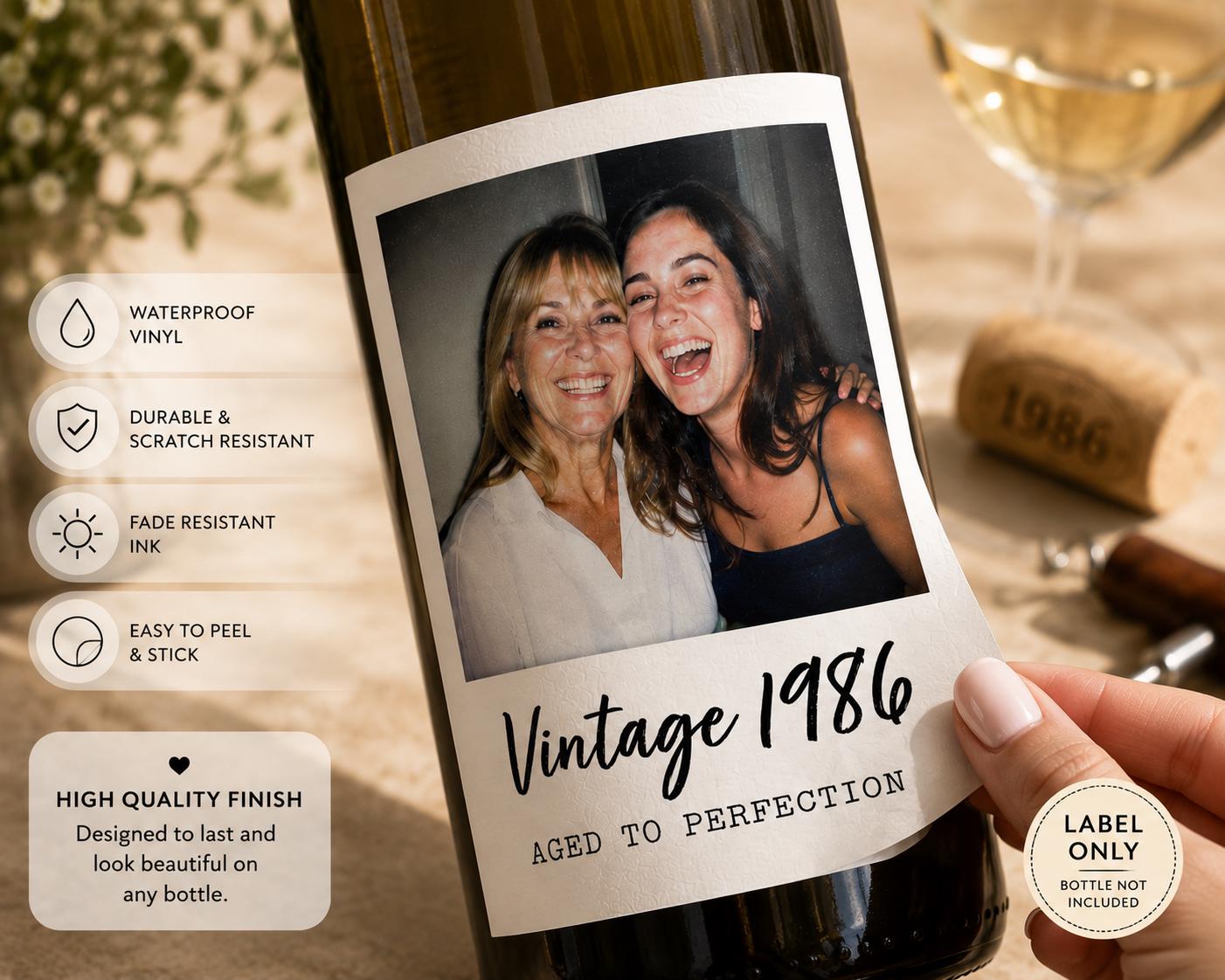 Personalized Wine Bottle Label with Photo | Vintage Year Wine Label | Custom Birthday Gift | Anniversary, Retirement Decor