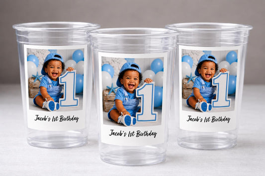 First Birthday Photo Cups | First Birthday Party Cups | 1st Birthday Decorations | Picture Party Favors | Baby Birthday Party Supplies