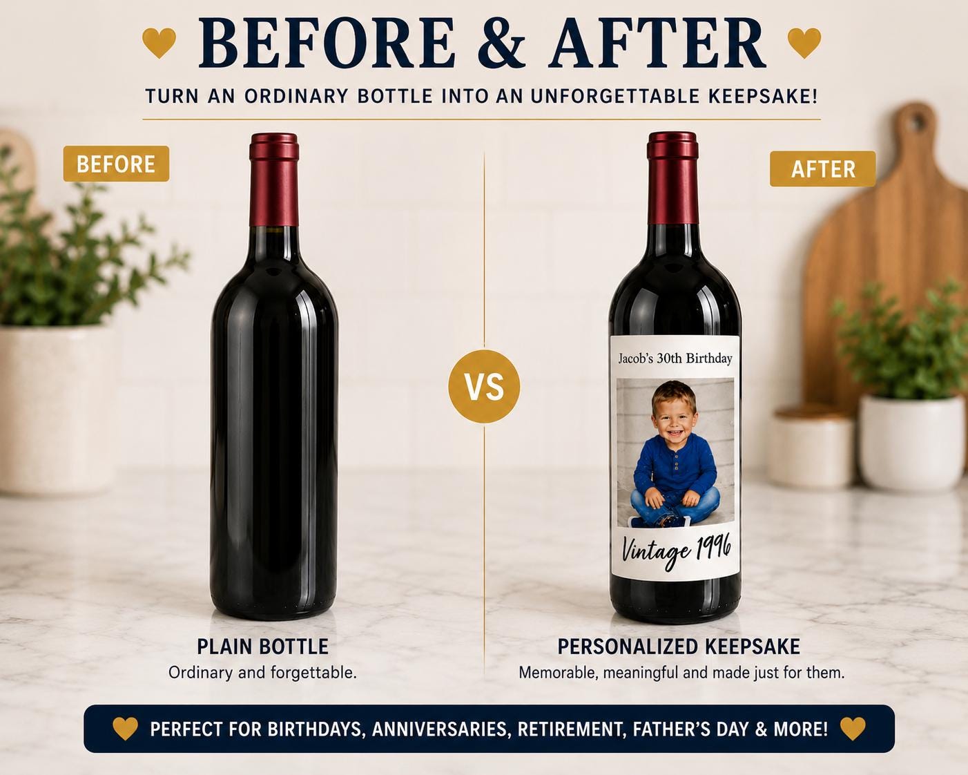 Personalized Wine Bottle Label with Photo | Vintage Year Wine Label | Custom Birthday Gift | Anniversary, Retirement Decor