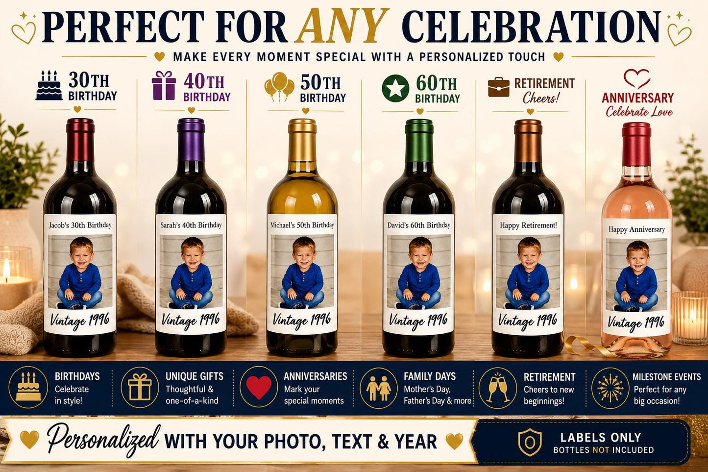 Personalized Wine Bottle Label with Photo | Vintage Year Wine Label | Custom Birthday Gift | Anniversary, Retirement Decor