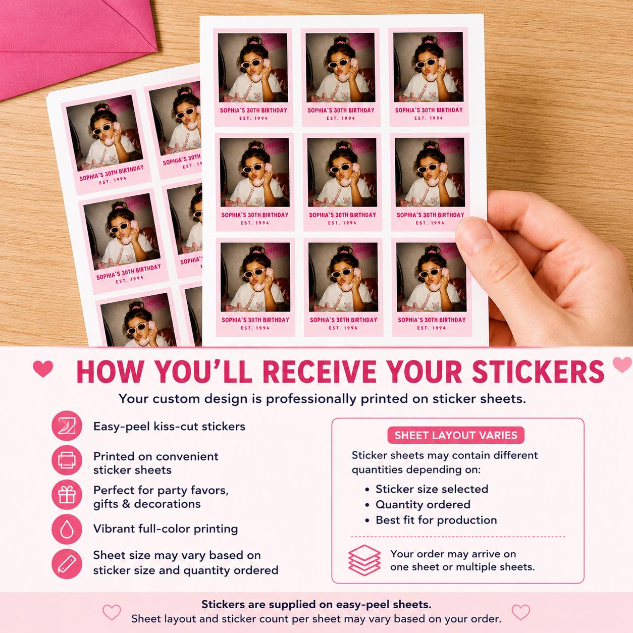 Personalized Photo Stickers | Custom Picture Stickers with Name & Year | Face Stickers | Birthday Party Favors | Custom Party Favor Stickers