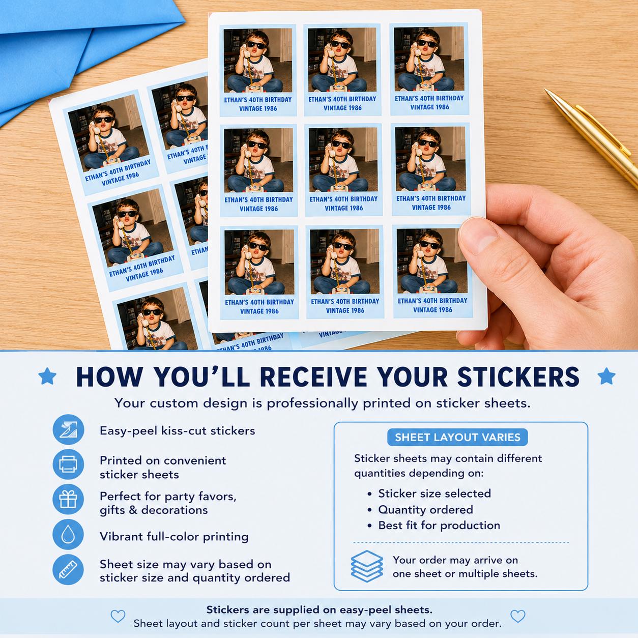 Custom Photo Stickers | Personalized Picture Stickers with Name & Year | Birthday Party Favors | Custom Party Favor Stickers | Face Stickers