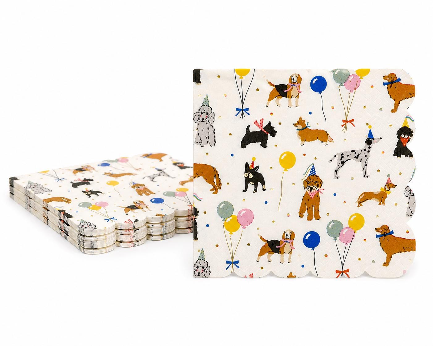 May include: A stack of square paper napkins with scalloped edges, featuring a repeating pattern of various dog breeds wearing party hats and bandanas, interspersed with colorful balloons and small gold dots on a white background.