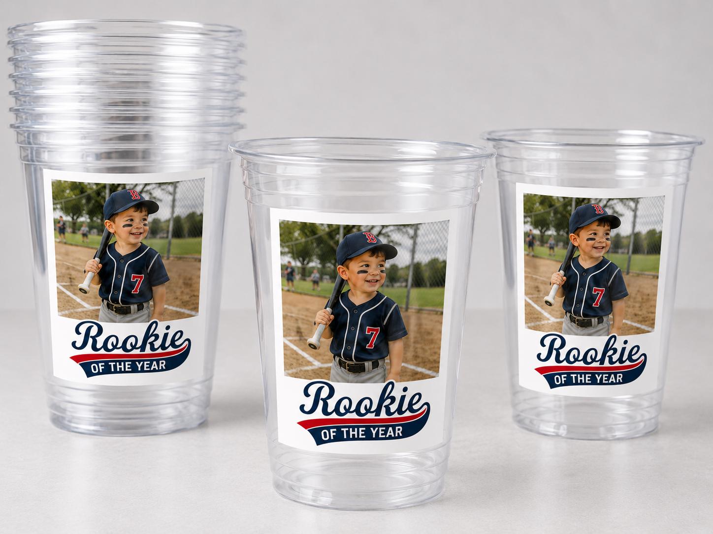 Rookie of the Year Photo Cups, Personalized Baseball Birthday Cups with Picture, Custom Little League Party Favors, Baseball Team Party Cups
