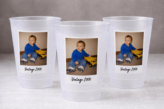 Personalized Frosted Party Cups with Photo, Custom Reusable Party Favors, Picture Keepsake Cups for Birthdays, Graduations, Weddings, Events