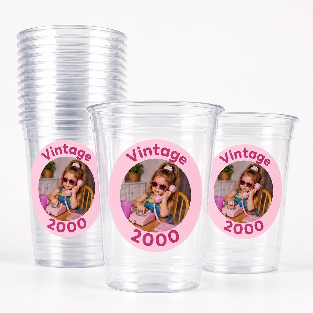 Vintage Year Photo Cups | Personalized Birthday Cups with Photo & Year | Custom Round Photo Sticker Party Favors | Add Any Year | Ships Fast