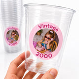 Vintage Year Photo Cups | Personalized Birthday Cups with Photo & Year | Custom Round Photo Sticker Party Favors | Add Any Year | Ships Fast