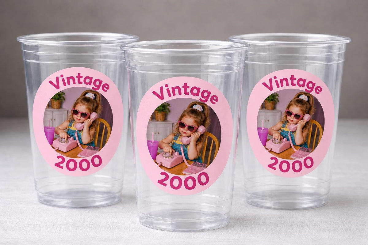 Vintage Year Photo Cups | Personalized Birthday Cups with Photo & Year | Custom Round Photo Sticker Party Favors | Add Any Year | Ships Fast