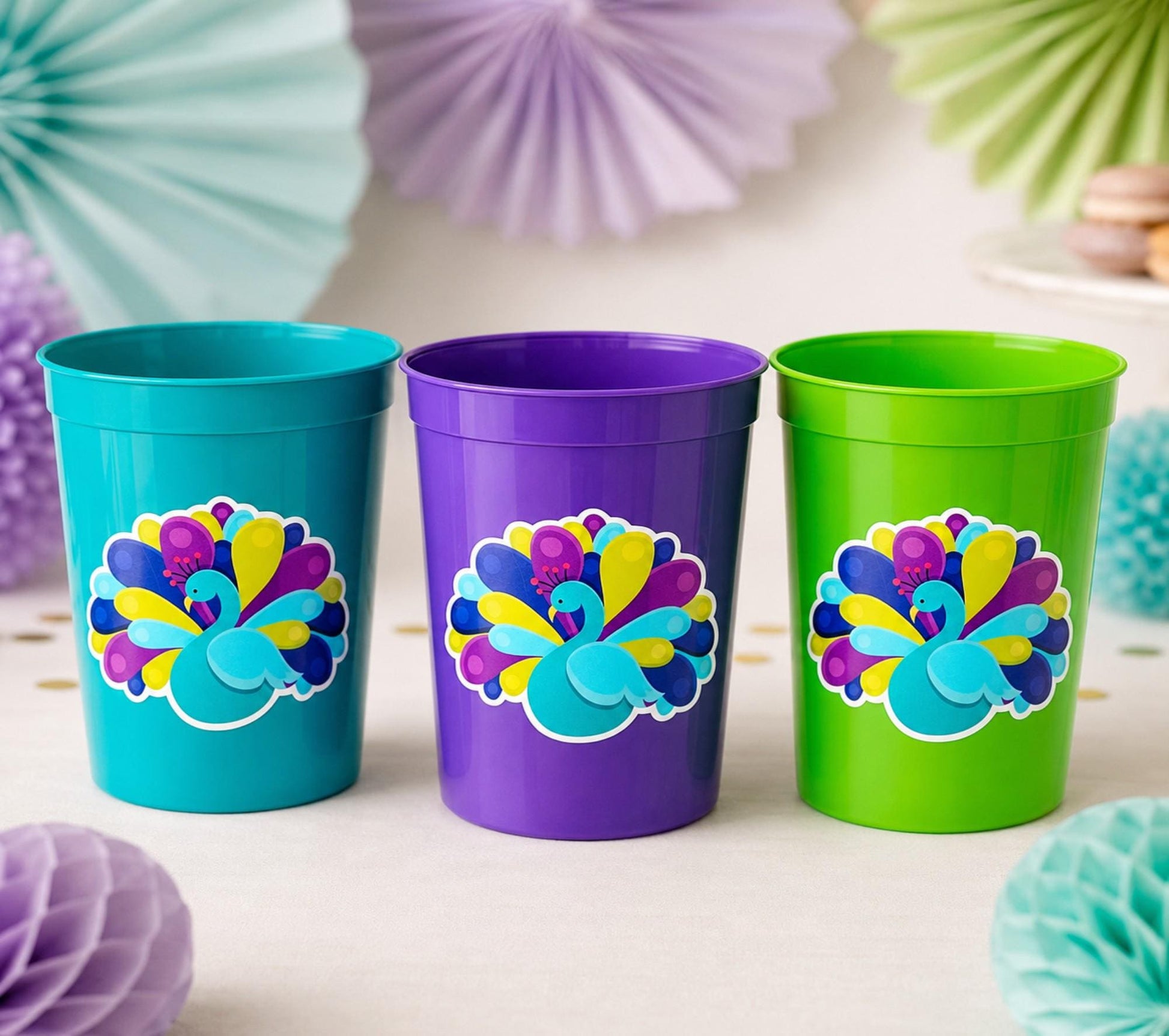 PEACOCK PARTY CUPS- Peacock Cups Peacock Decorations Peacock Birthday Peacock Party Peacock Party Favors Peacock Baby Shower Sprinkle
