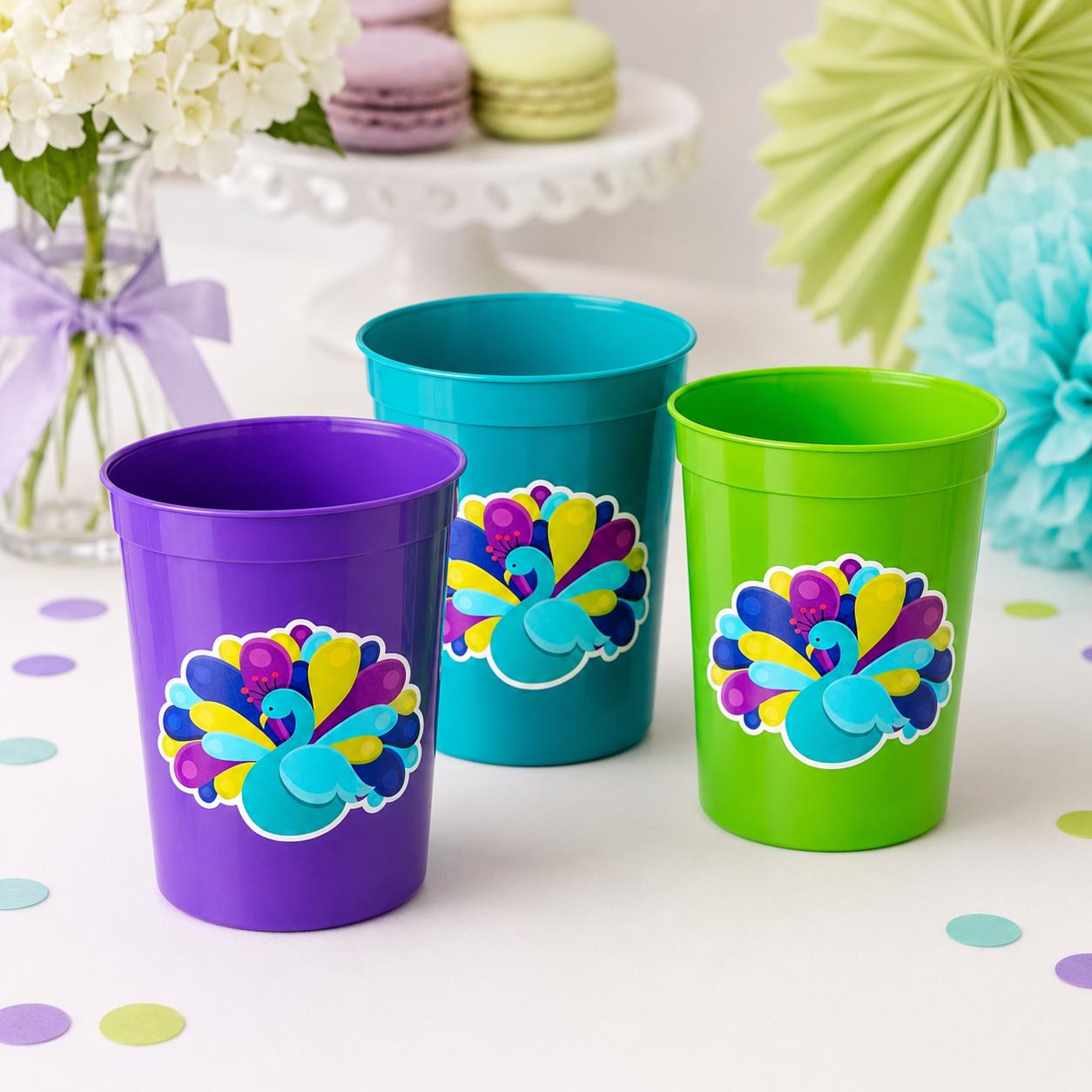 PEACOCK PARTY CUPS- Peacock Cups Peacock Decorations Peacock Birthday Peacock Party Peacock Party Favors Peacock Baby Shower Sprinkle