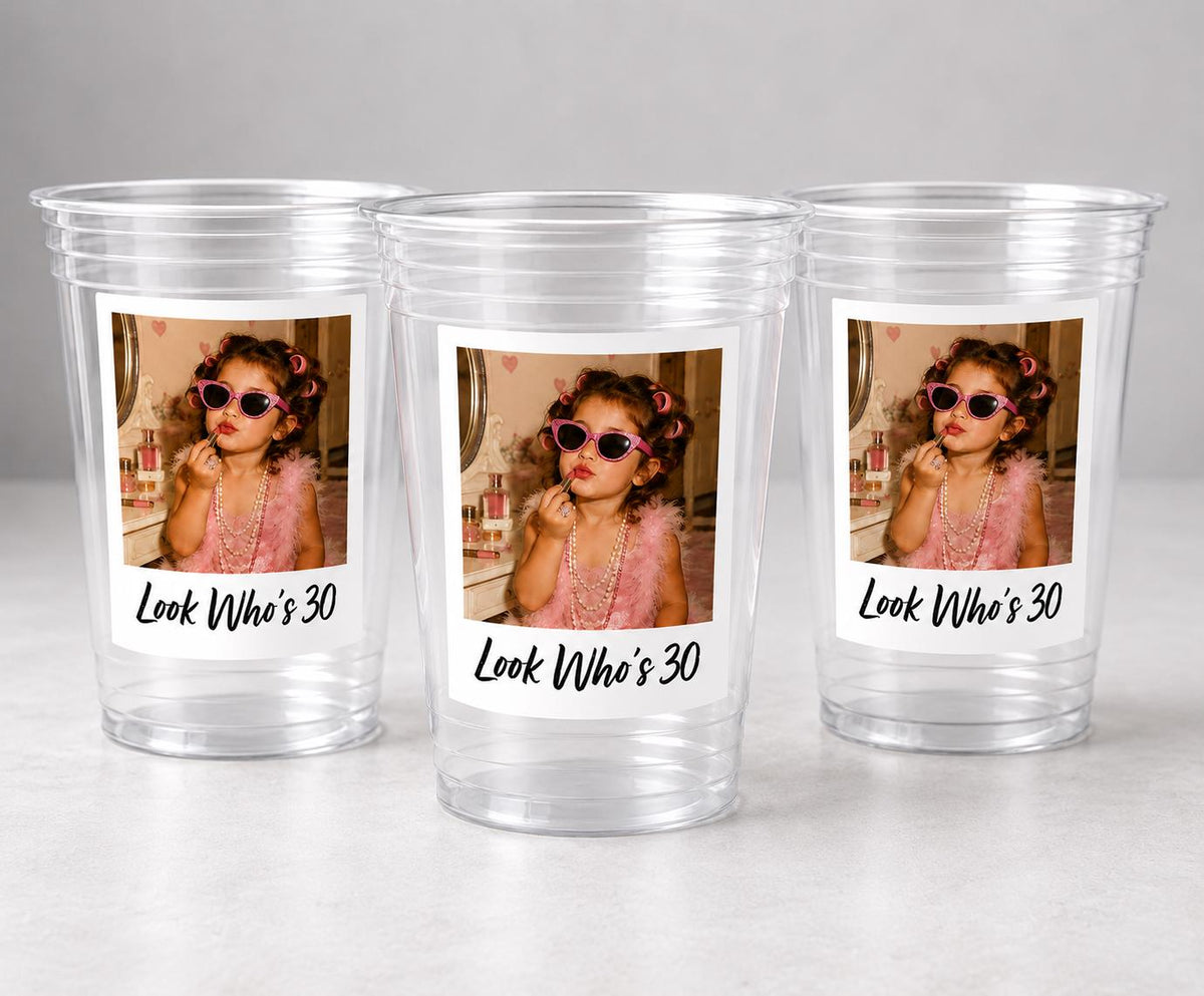 Look Who's 30 Custom Photo Cups, Personalized 30th Birthday Party Cups with Picture, Funny 30th Birthday Favors, Retro 30th, Birthday Decor