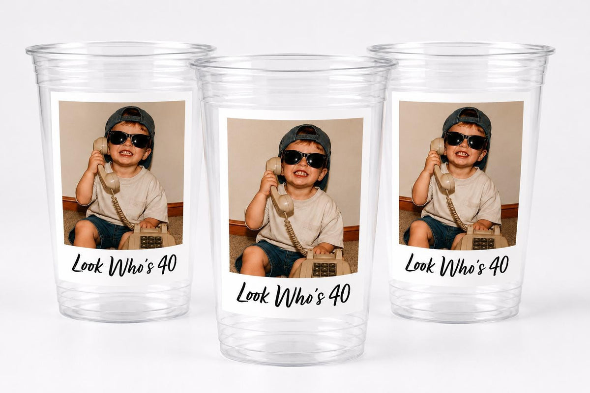 Look Who's 40 Custom Photo Cups, Personalized 40th Birthday Party Cups with Picture, Funny 40th Birthday Favors, Retro 40th, Birthday Decor
