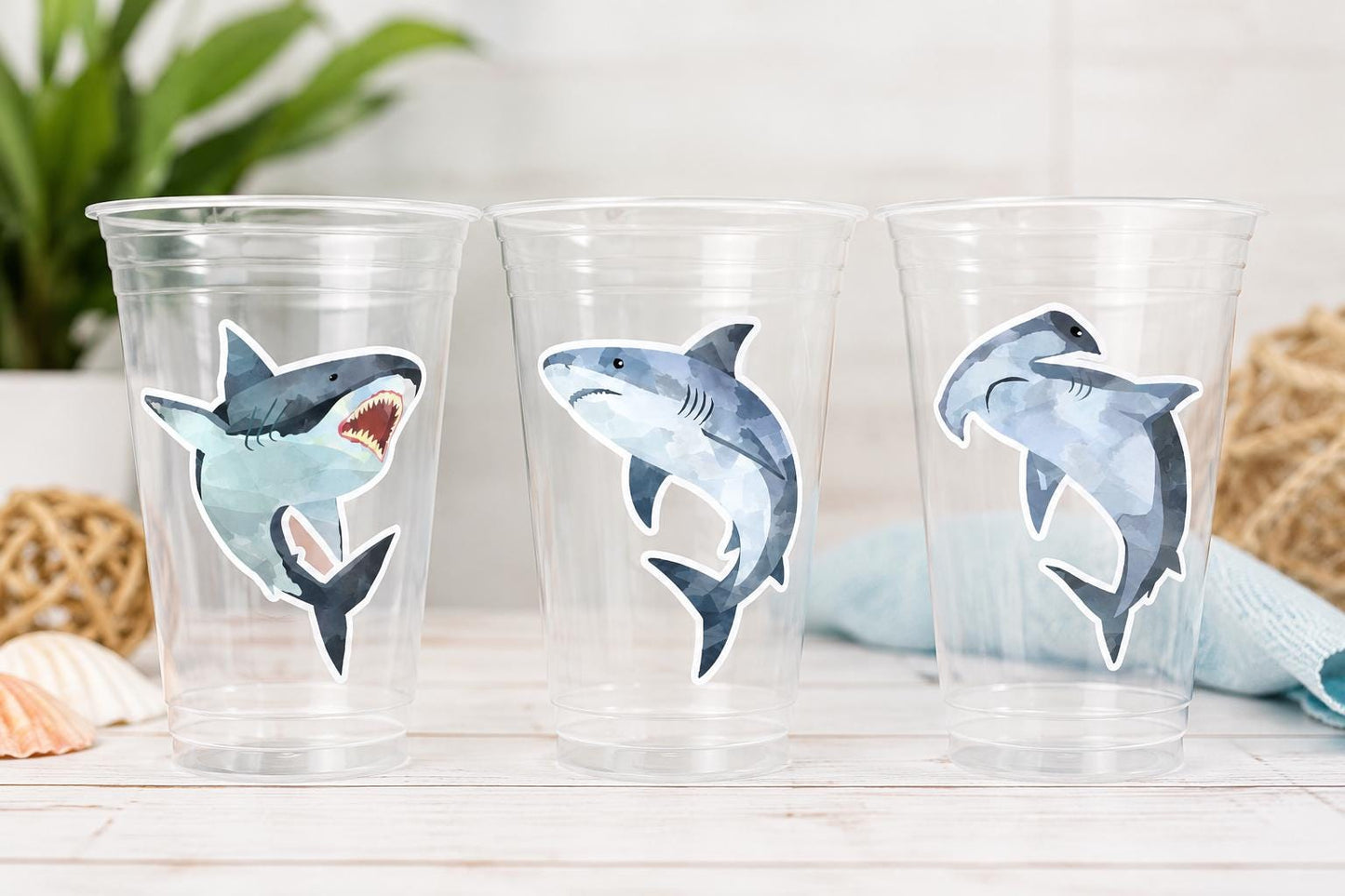 Shark Party Cups | 16oz Clear Shark Birthday Cups | Ocean Theme Party Decorations | Shark Birthday Favor Cups | Beach Party Cups
