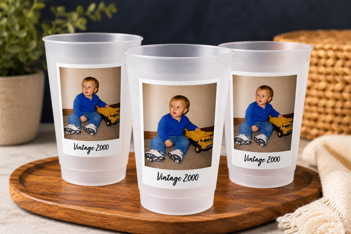 Personalized Frosted Party Cups with Photo, Custom Reusable Party Favors, Picture Keepsake Cups for Birthdays, Graduations, Weddings, Events