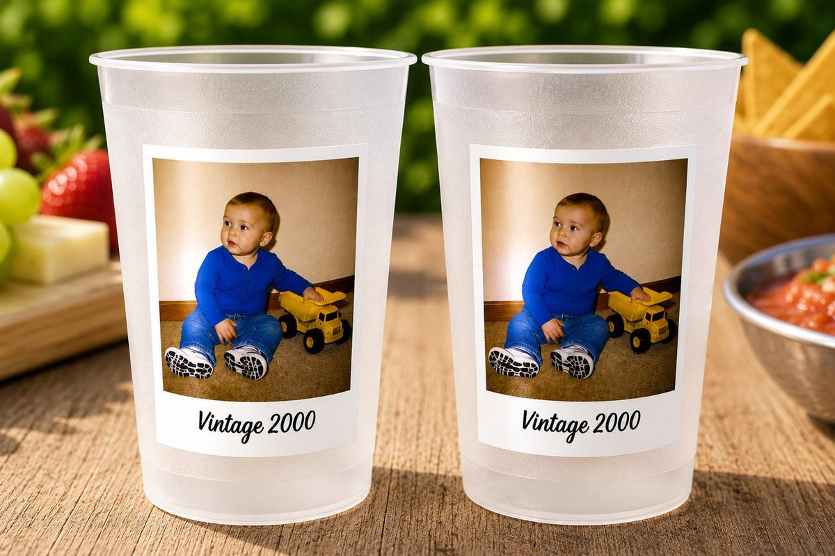 Personalized Frosted Party Cups with Photo, Custom Reusable Party Favors, Picture Keepsake Cups for Birthdays, Graduations, Weddings, Events