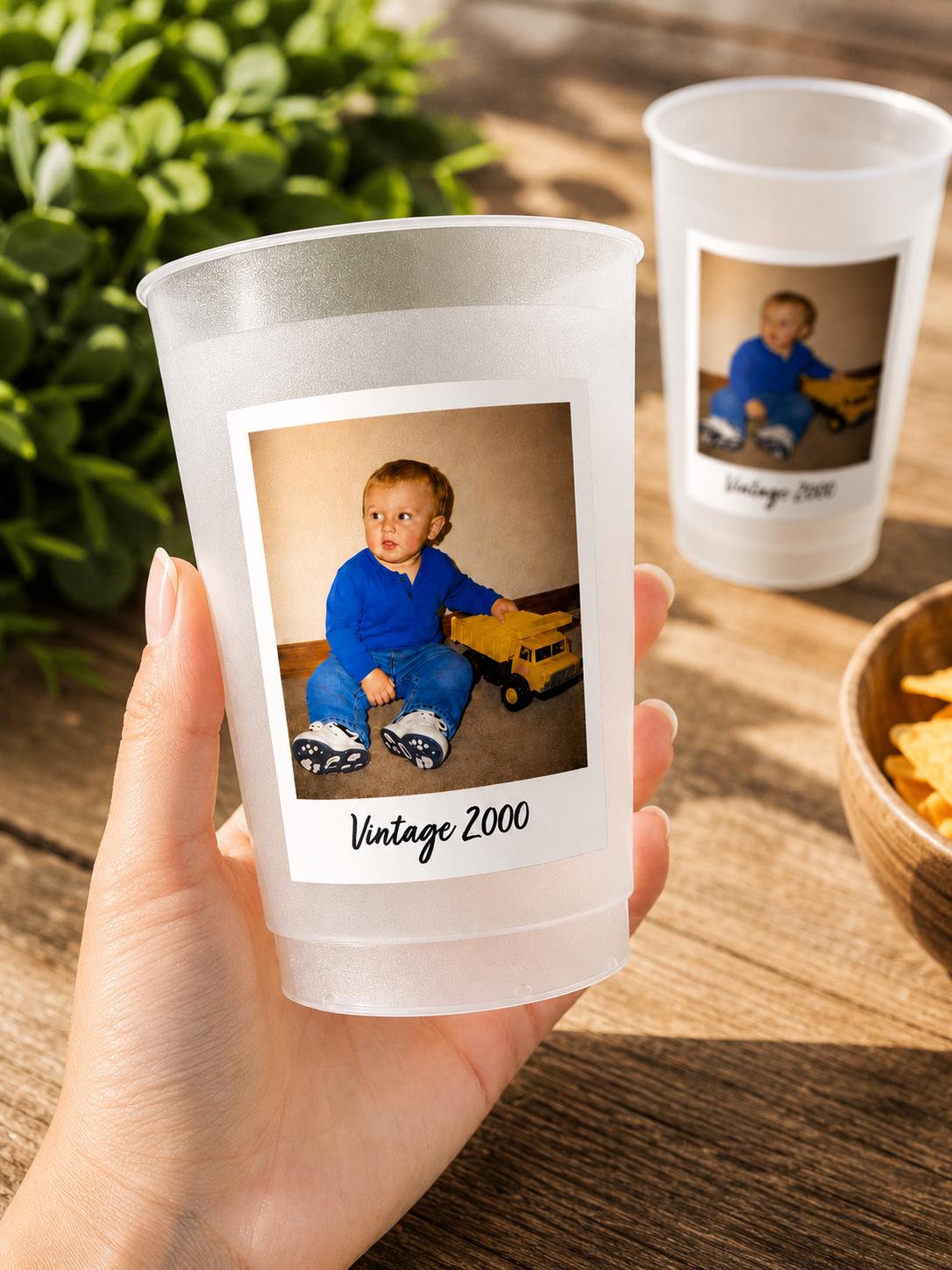 Personalized Frosted Party Cups with Photo, Custom Reusable Party Favors, Picture Keepsake Cups for Birthdays, Graduations, Weddings, Events