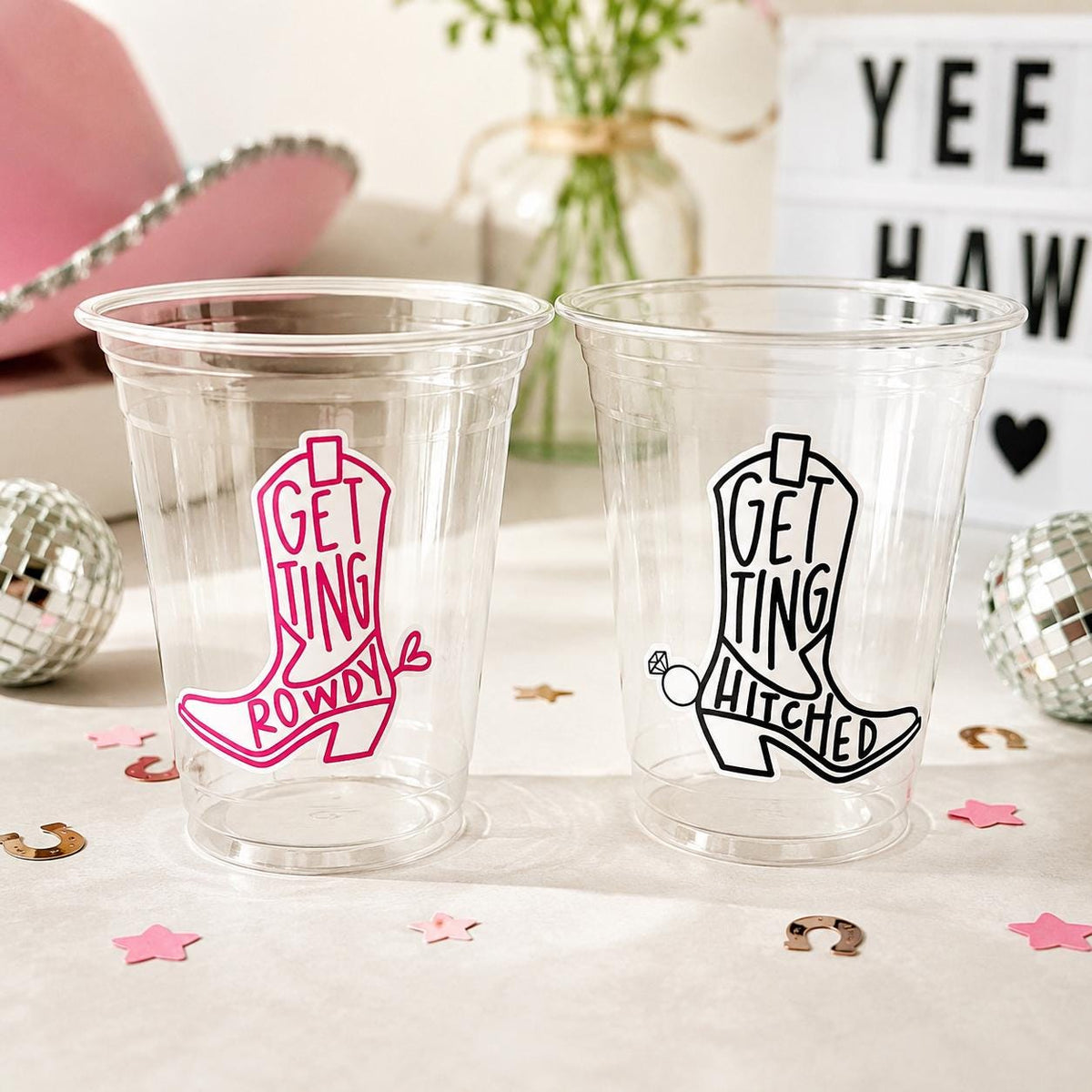 COWGIRL PARTY CUPS - Getting Hitched Party Cups Rowdy Bachelorette Party Cowgirl Boots Party cups Party Decorations Cowgirl Bachelorette Cup