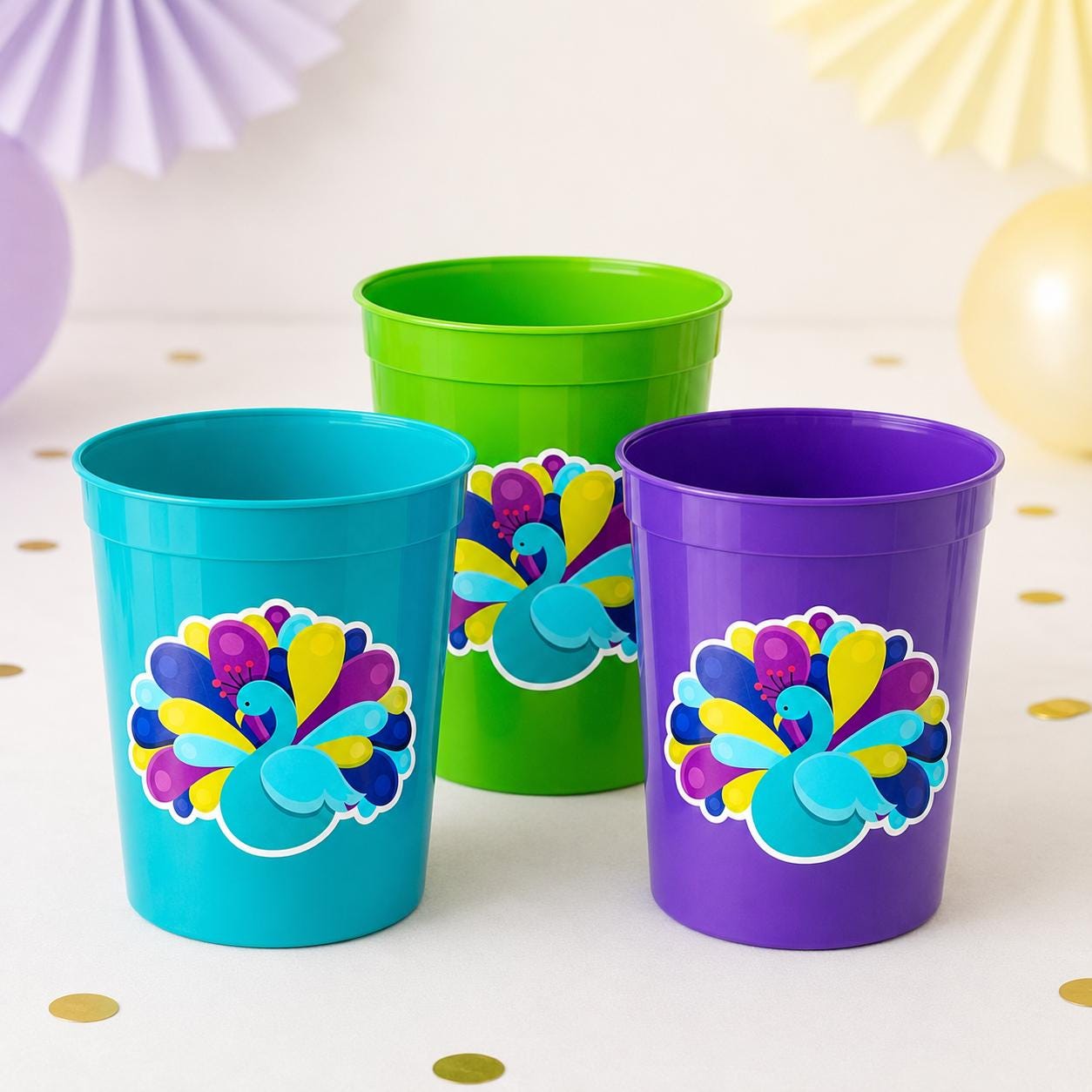 PEACOCK PARTY CUPS- Peacock Cups Peacock Decorations Peacock Birthday Peacock Party Peacock Party Favors Peacock Baby Shower Sprinkle