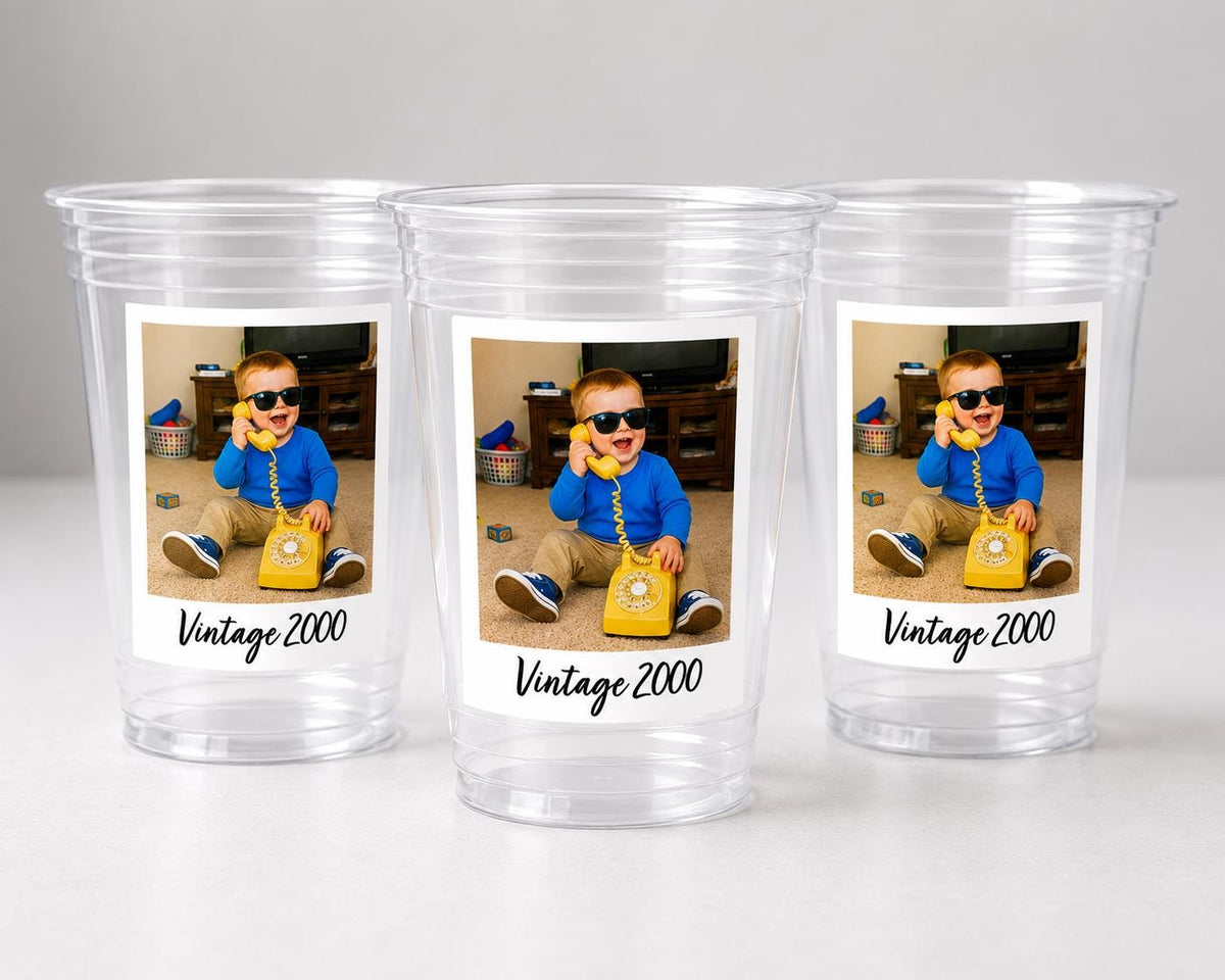 Custom Photo Cups 16oz Personalized Party Cups with Picture and text | Vintage Year Birthday Decorations | Custom Birthday Cups | Ships Fast