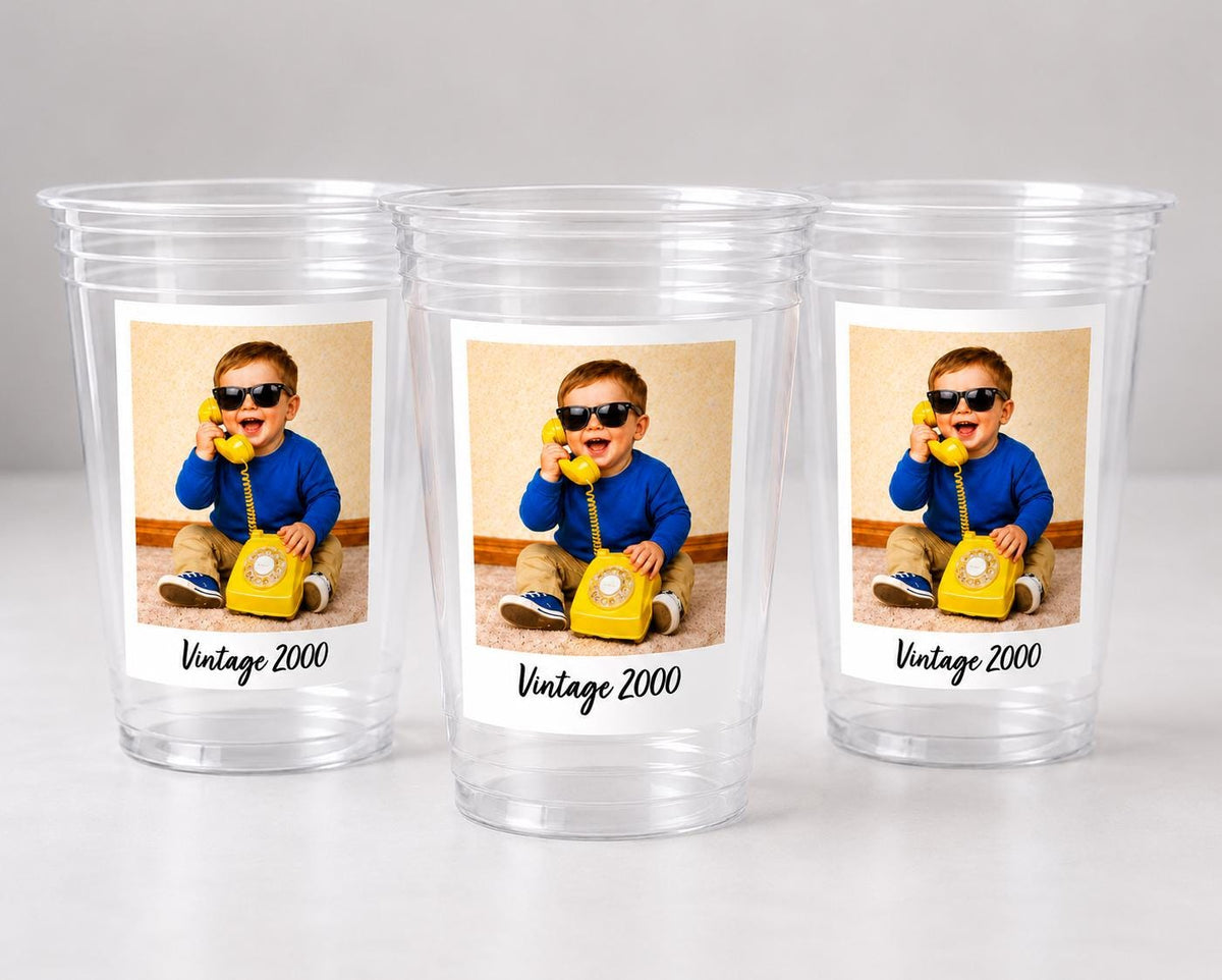 Custom Photo Cups 16oz Personalized Party Cups with Picture and text | Vintage Year Birthday Decorations | Custom Birthday Cups | Ships Fast