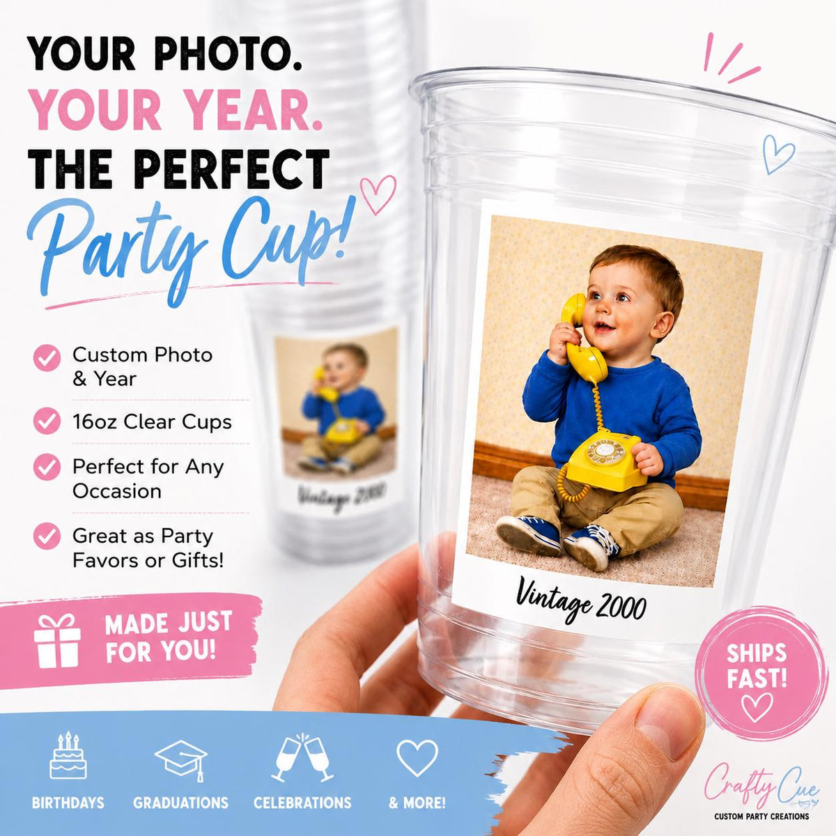 Custom Photo Cups 16oz Personalized Party Cups with Picture and text | Vintage Year Birthday Decorations | Custom Birthday Cups | Ships Fast